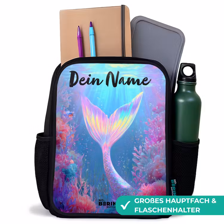 Kinderrucksack mit Namen - Schwarz - Meerjungfrau - Koralle - Wasser — 8