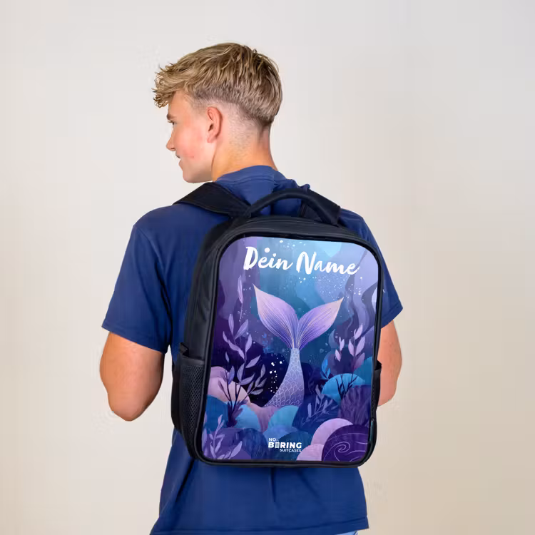 Kinderrucksack mit Namen - Schwarz - Meerjungfrau - Unterwasser - Lila - Blau — 3