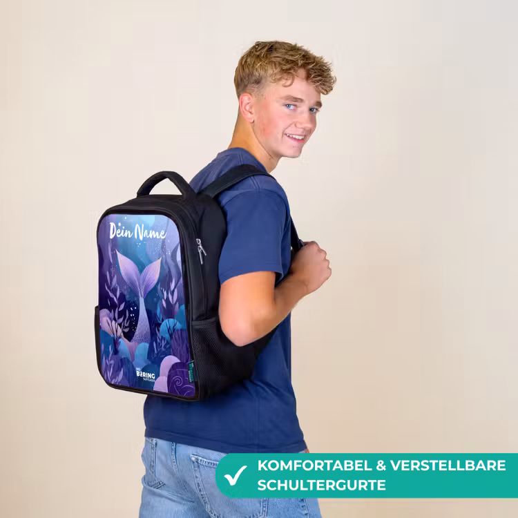 Kinderrucksack mit Namen - Schwarz - Meerjungfrau - Unterwasser - Lila - Blau — 9
