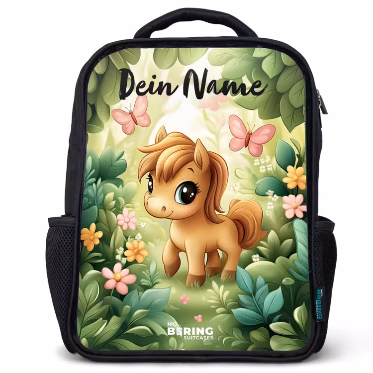 Kinderrucksack mit Namen - Schwarz - Pferd - Blumen - Schmetterlinge — 1