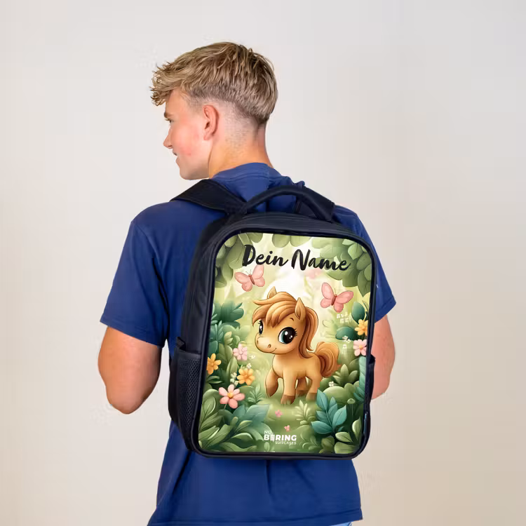 Kinderrucksack mit Namen - Schwarz - Pferd - Blumen - Schmetterlinge — 3