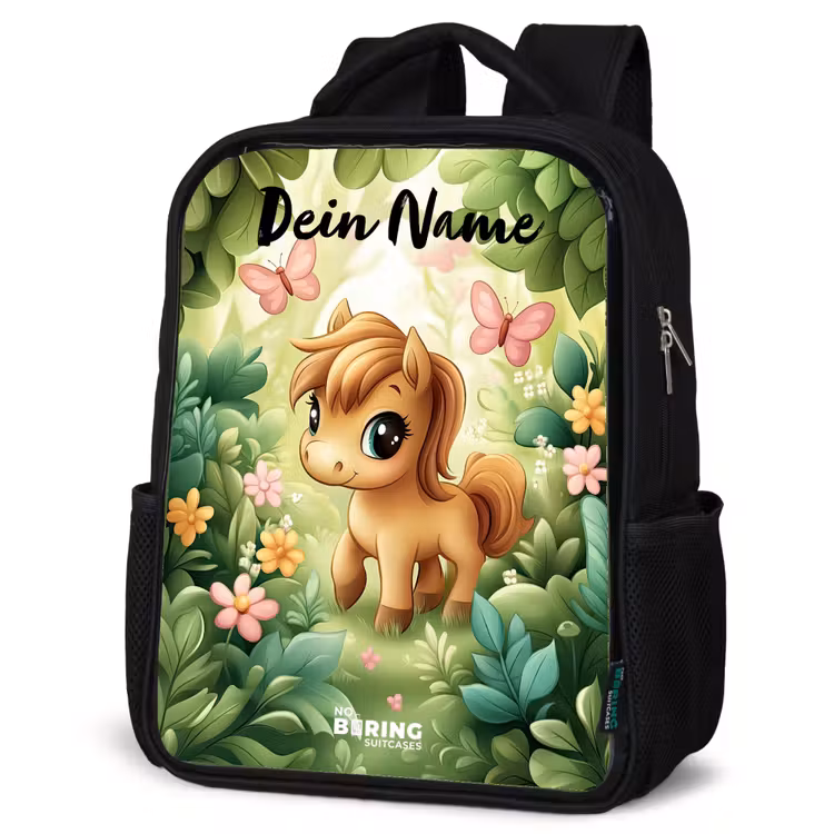 Kinderrucksack mit Namen - Schwarz - Pferd - Blumen - Schmetterlinge — 4
