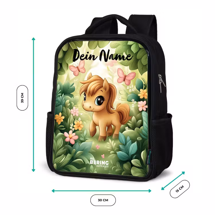 Kinderrucksack mit Namen - Schwarz - Pferd - Blumen - Schmetterlinge — 6