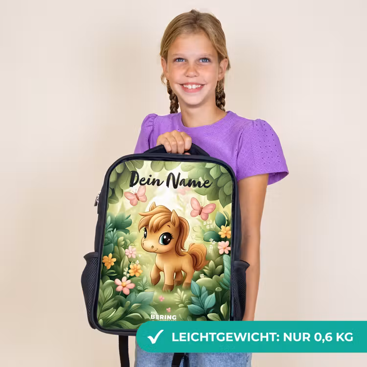Kinderrucksack mit Namen - Schwarz - Pferd - Blumen - Schmetterlinge — 7