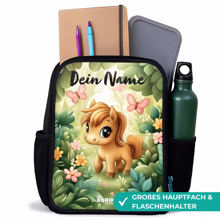Kinderrucksack mit Namen - Schwarz - Pferd - Blumen - Schmetterlinge — 8