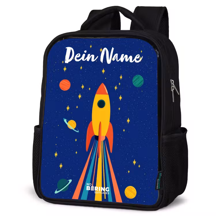Kinderrucksack mit Namen - Schwarz - Rakete - Sterne - Planet - Weltraum — 4