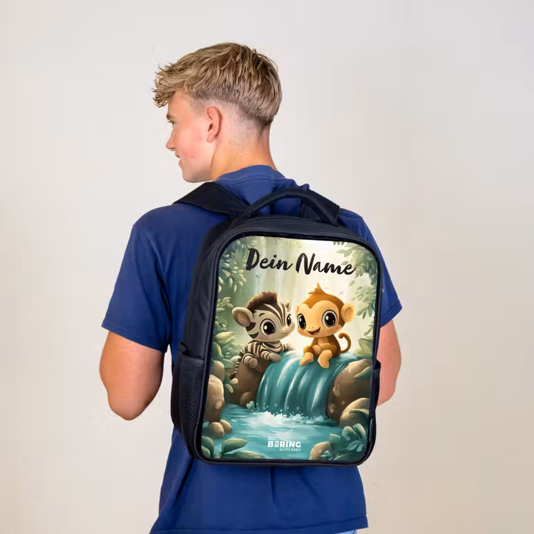 Kinderrucksack mit Namen - Schwarz - Zebra - Affe - Wasserfall - Felsen — 3
