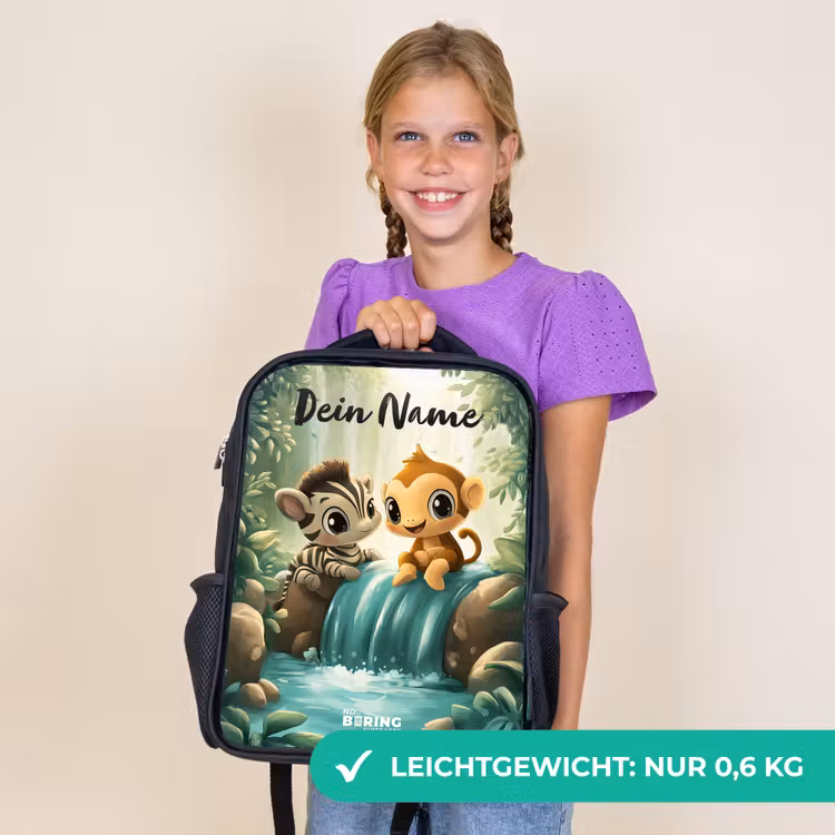 Kinderrucksack mit Namen - Schwarz - Zebra - Affe - Wasserfall - Felsen — 7