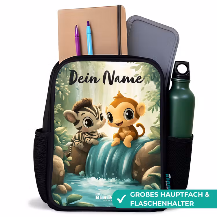 Kinderrucksack mit Namen - Schwarz - Zebra - Affe - Wasserfall - Felsen — 8