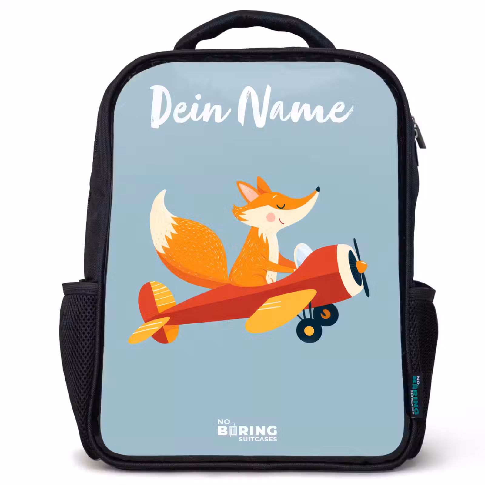 Kinderrucksack mit Namen - Schwarz - Fuchs - Flugzeug - Fliegen — 1