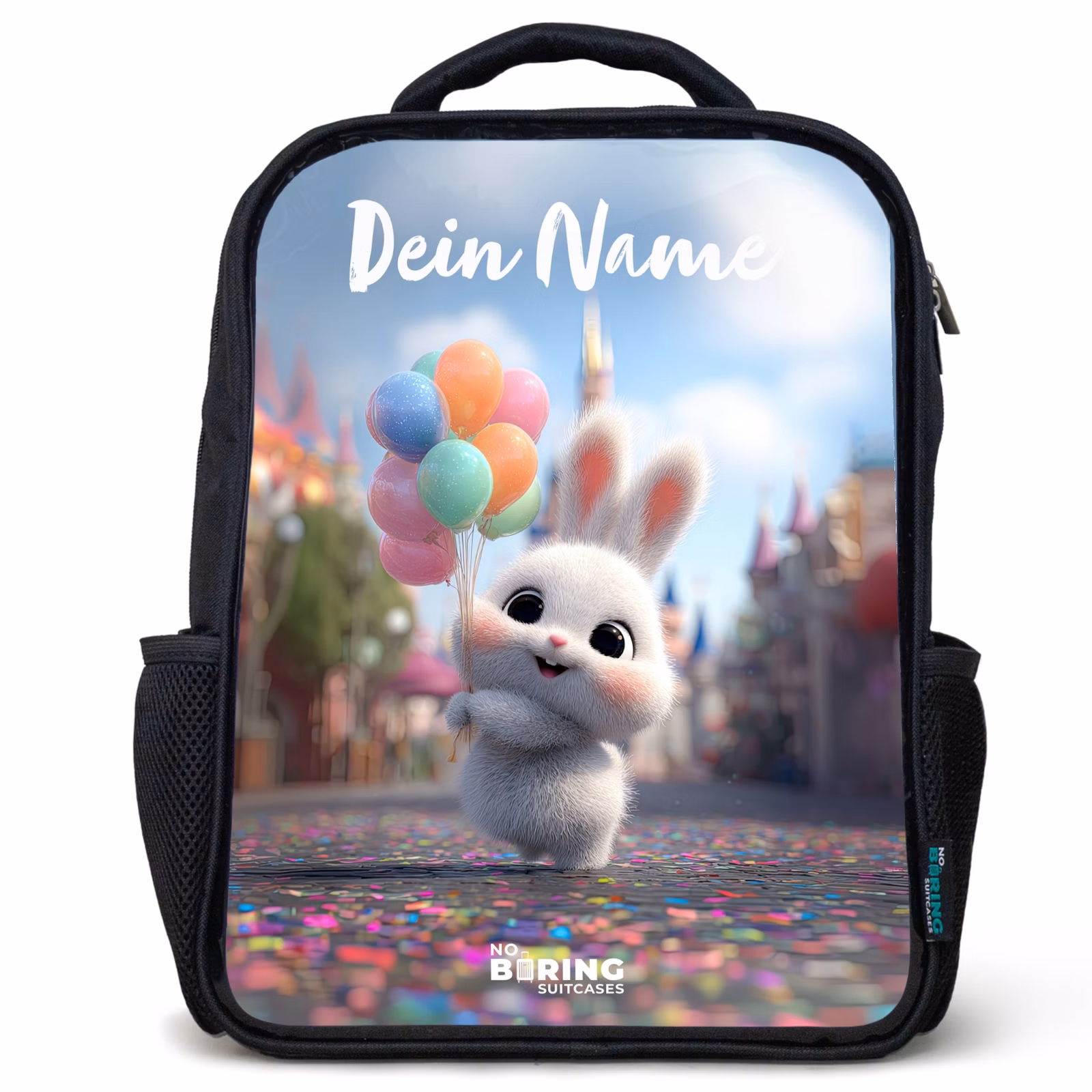 Kinderrucksack mit Namen - Schwarz - Kaninchen - Luftballons — 1