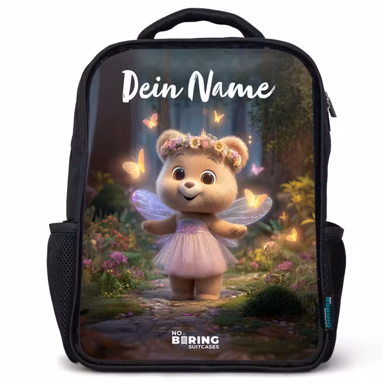 Kinderrucksack mit Namen - Schwarz - Bär - Schmetterlinge - Wald - Fee — 1