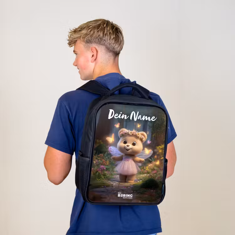 Kinderrucksack mit Namen - Schwarz - Bär - Schmetterlinge - Wald - Fee — 3
