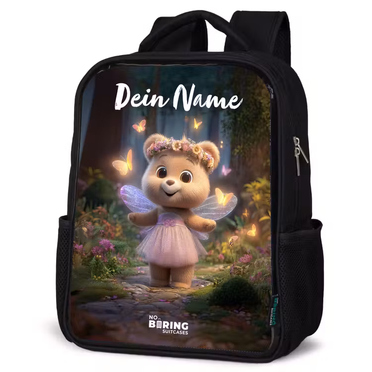 Kinderrucksack mit Namen - Schwarz - Bär - Schmetterlinge - Wald - Fee — 4
