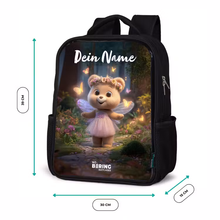 Kinderrucksack mit Namen - Schwarz - Bär - Schmetterlinge - Wald - Fee — 6