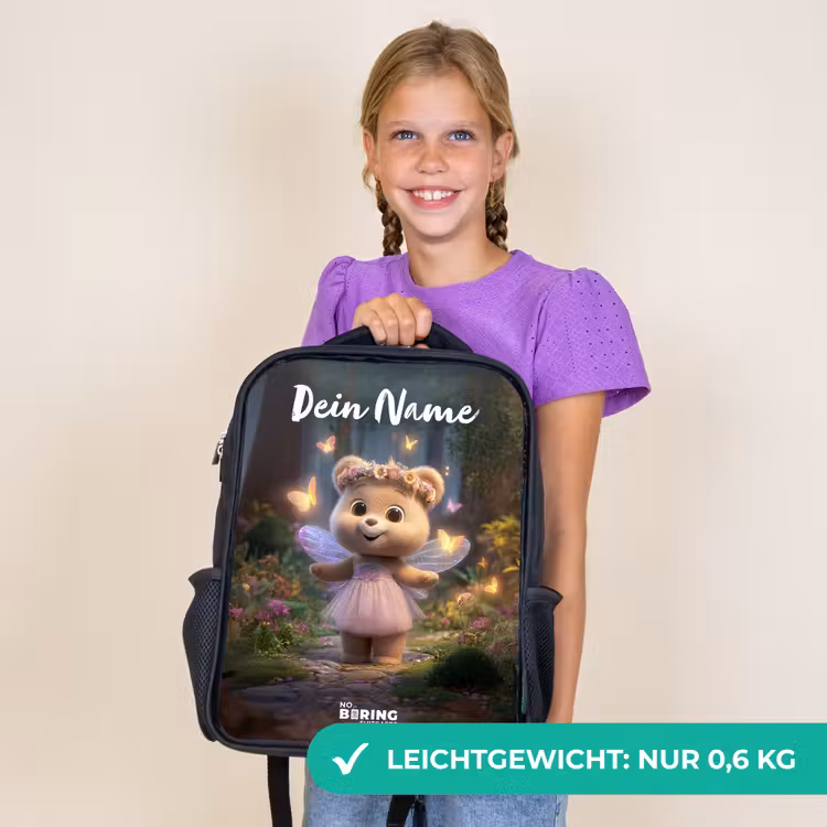 Kinderrucksack mit Namen - Schwarz - Bär - Schmetterlinge - Wald - Fee — 7