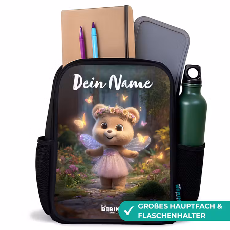 Kinderrucksack mit Namen - Schwarz - Bär - Schmetterlinge - Wald - Fee — 8