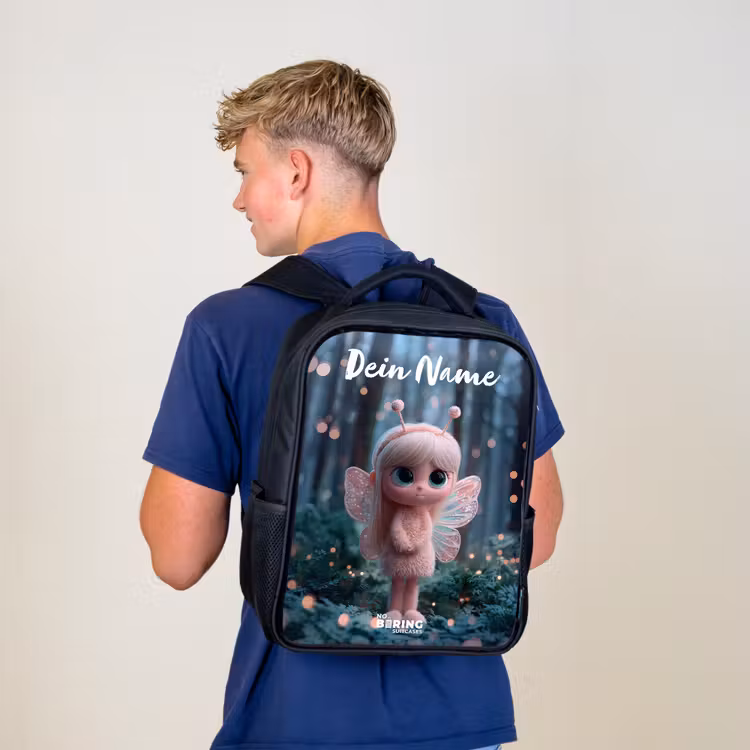 Kinderrucksack mit Namen - Schwarz - Fee - Wald - Glitzer — 3