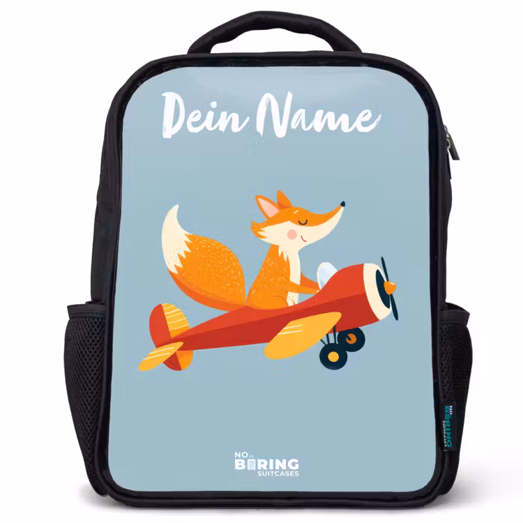 Kinderrucksack mit Namen - Schwarz - Fuchs - Flugzeug - Fliegen — 1