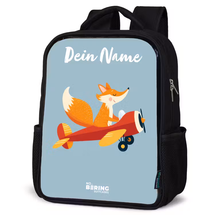 Kinderrucksack mit Namen - Schwarz - Fuchs - Flugzeug - Fliegen — 4