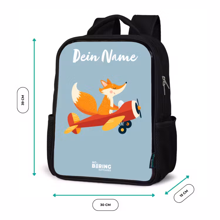 Kinderrucksack mit Namen - Schwarz - Fuchs - Flugzeug - Fliegen — 6
