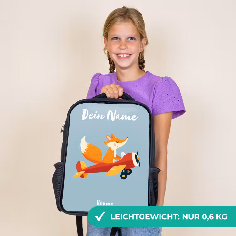 Kinderrucksack mit Namen - Schwarz - Fuchs - Flugzeug - Fliegen — 7