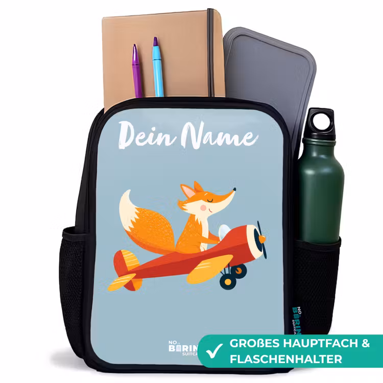 Kinderrucksack mit Namen - Schwarz - Fuchs - Flugzeug - Fliegen — 8