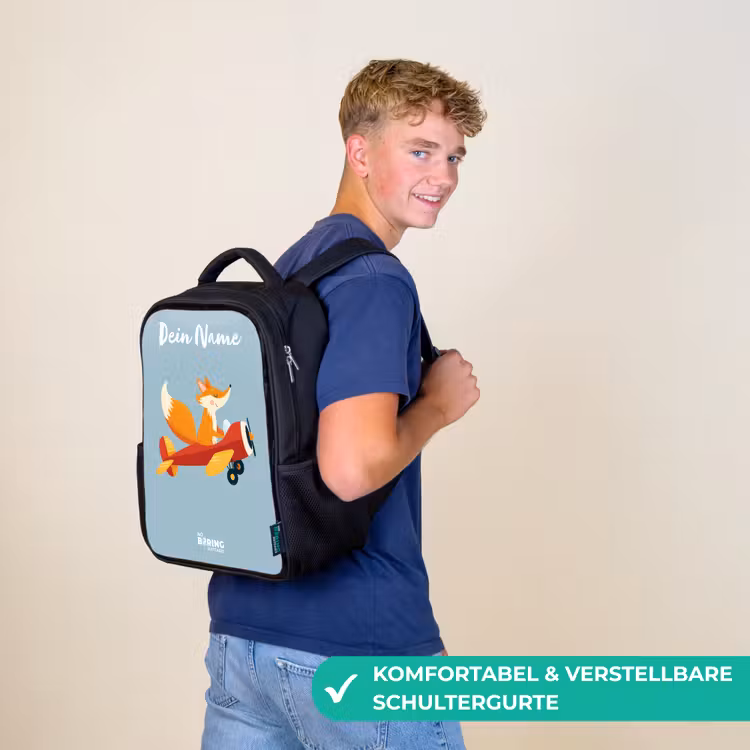 Kinderrucksack mit Namen - Schwarz - Fuchs - Flugzeug - Fliegen — 9