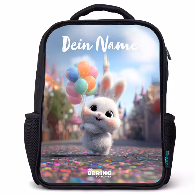 Kinderrucksack mit Namen - Schwarz - Kaninchen - Luftballons — 1