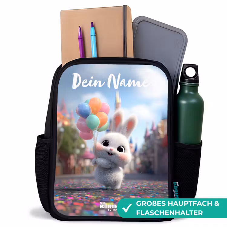 Kinderrucksack mit Namen - Schwarz - Kaninchen - Luftballons — 8