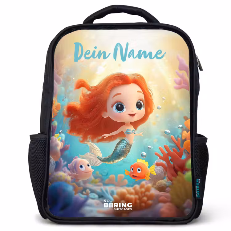 Kinderrucksack mit Namen - Schwarz - Meerjungfrau - Fisch - Koralle — 1