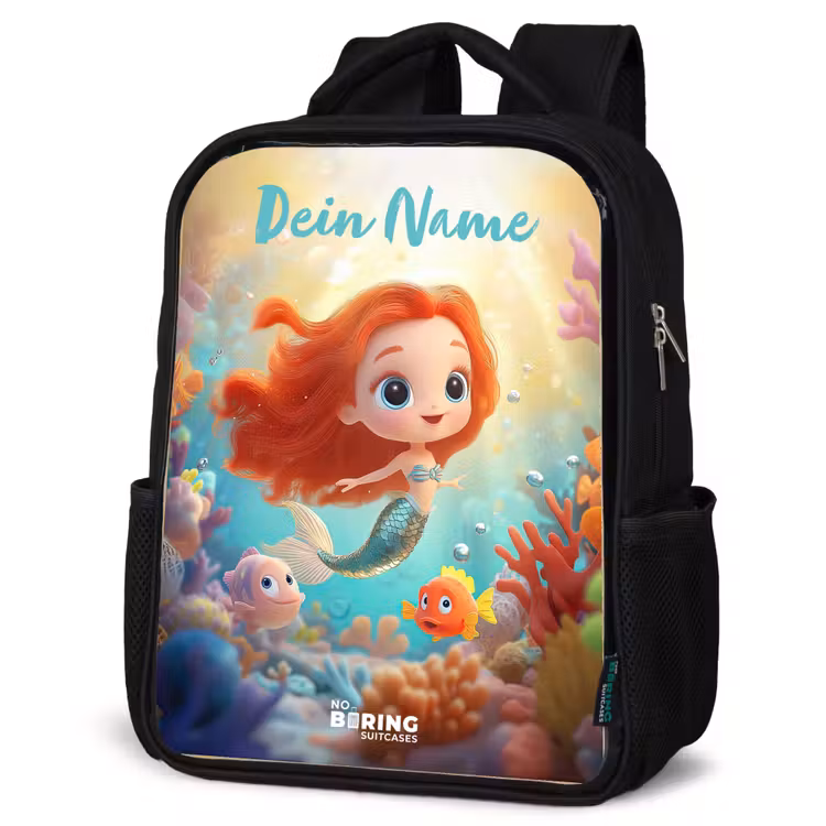 Kinderrucksack mit Namen - Schwarz - Meerjungfrau - Fisch - Koralle — 4