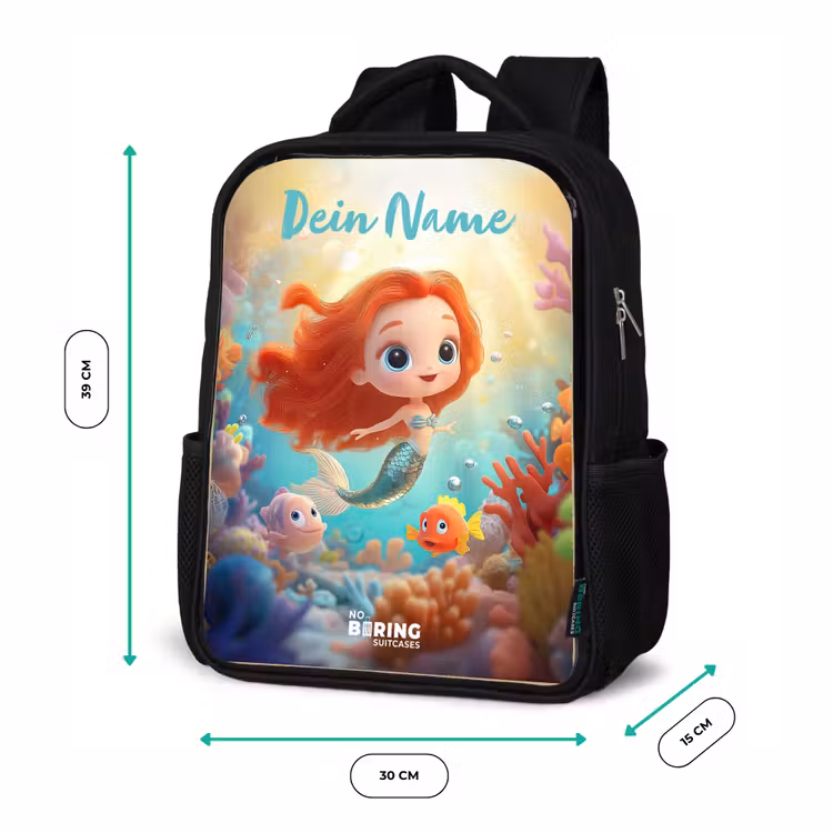 Kinderrucksack mit Namen - Schwarz - Meerjungfrau - Fisch - Koralle — 6