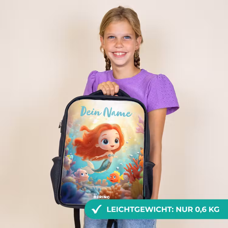 Kinderrucksack mit Namen - Schwarz - Meerjungfrau - Fisch - Koralle — 7