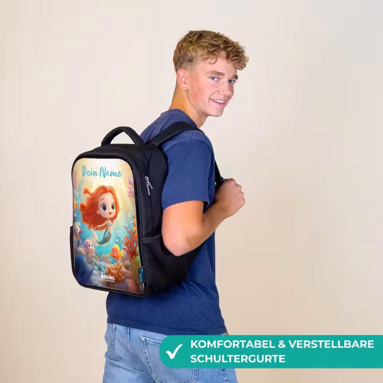 Kinderrucksack mit Namen - Schwarz - Meerjungfrau - Fisch - Koralle — 9