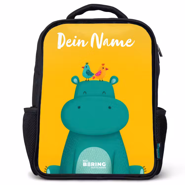 Kinderrucksack mit Namen - Schwarz - Nilpferd - Vögel - Gelb — 1