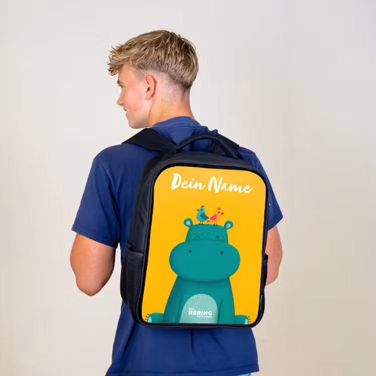 Kinderrucksack mit Namen - Schwarz - Nilpferd - Vögel - Gelb — 3