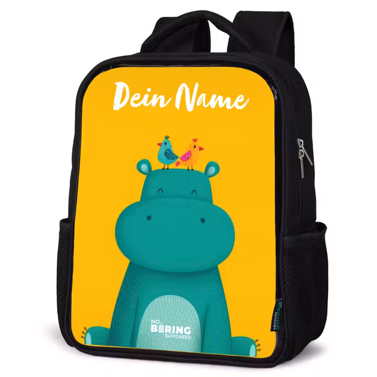 Kinderrucksack mit Namen - Schwarz - Nilpferd - Vögel - Gelb — 4