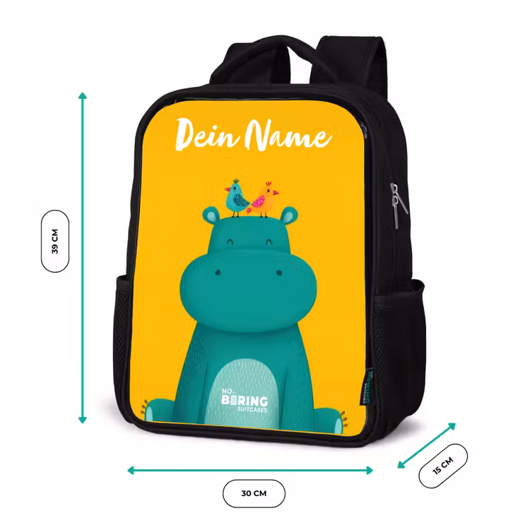 Kinderrucksack mit Namen - Schwarz - Nilpferd - Vögel - Gelb — 6