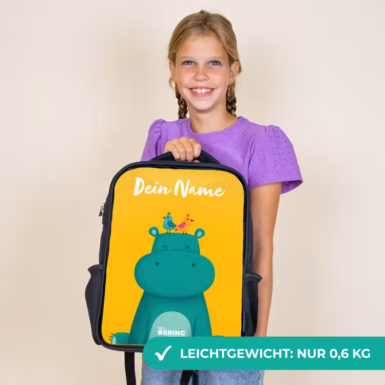 Kinderrucksack mit Namen - Schwarz - Nilpferd - Vögel - Gelb — 7