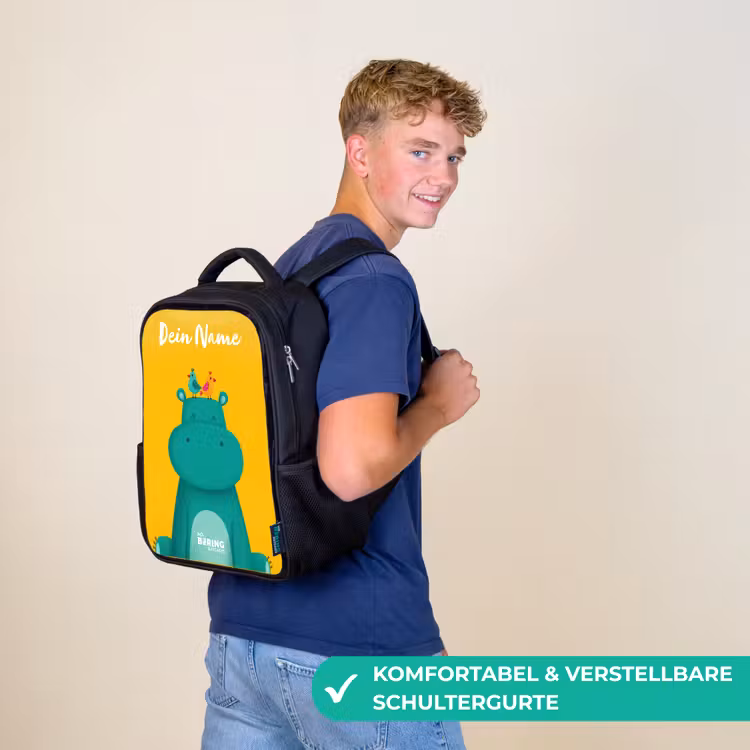 Kinderrucksack mit Namen - Schwarz - Nilpferd - Vögel - Gelb — 9