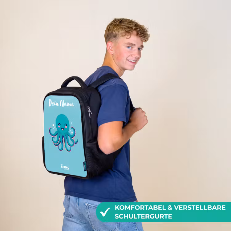 Kinderrucksack mit Namen - Schwarz - Oktopus - Wasser - Blau — 9