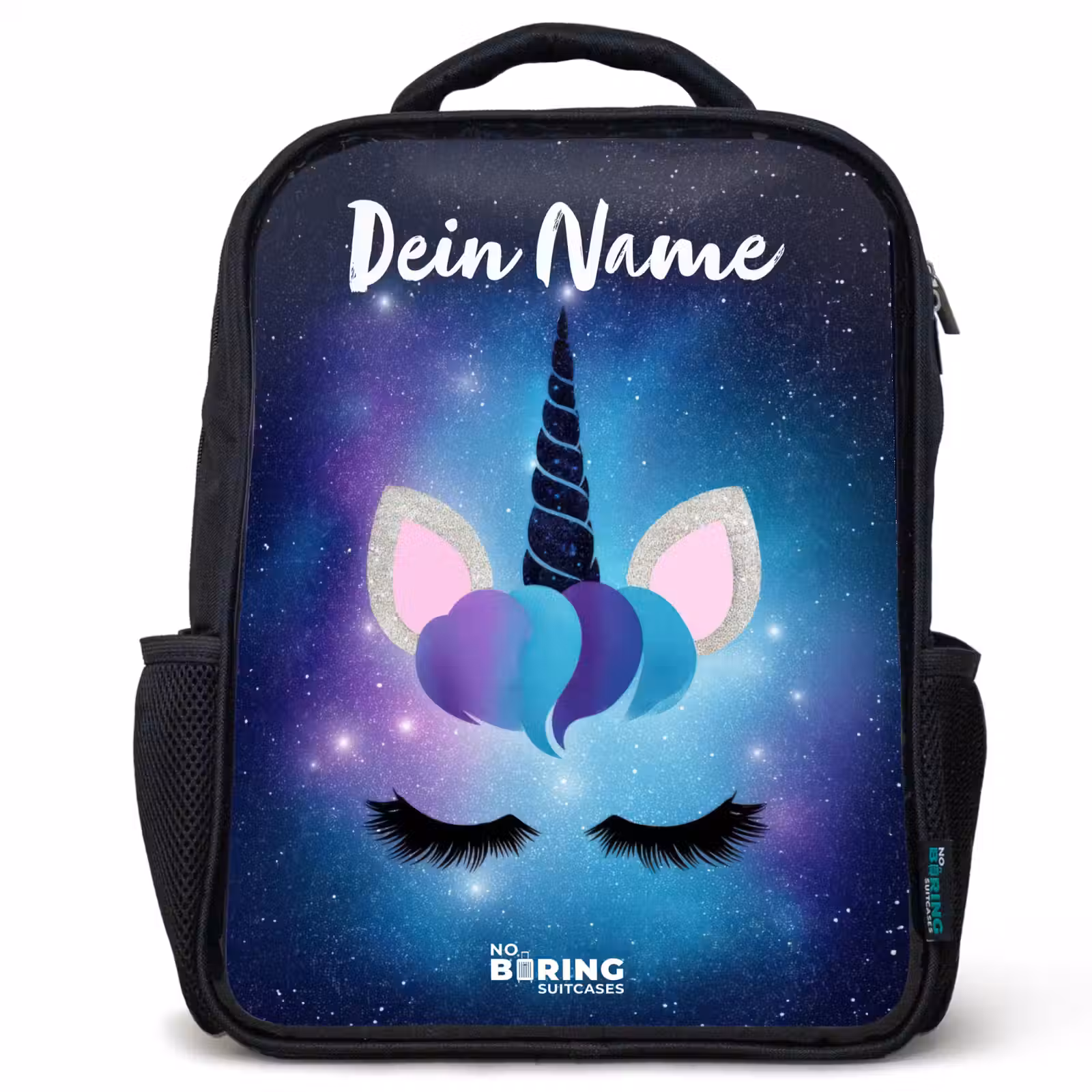 Kinderrucksack mit Namen - Schwarz - Einhorn - Sterne - Blau — 1