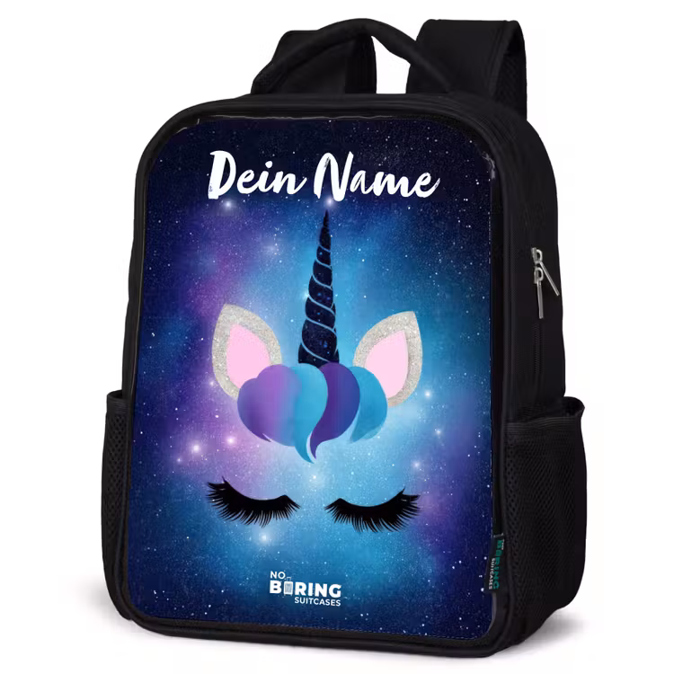 Kinderrucksack mit Namen - Schwarz - Einhorn - Sterne - Blau — 4