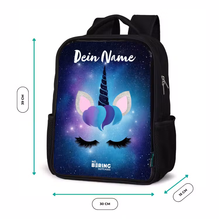 Kinderrucksack mit Namen - Schwarz - Einhorn - Sterne - Blau — 6