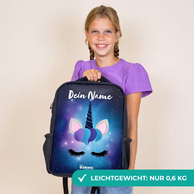 Kinderrucksack mit Namen - Schwarz - Einhorn - Sterne - Blau — 7