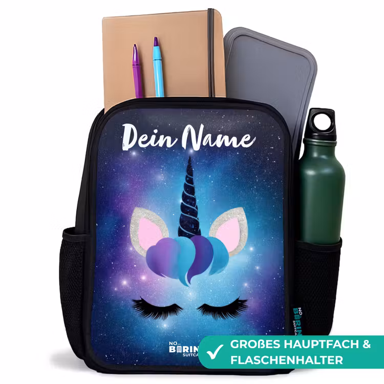 Kinderrucksack mit Namen - Schwarz - Einhorn - Sterne - Blau — 8