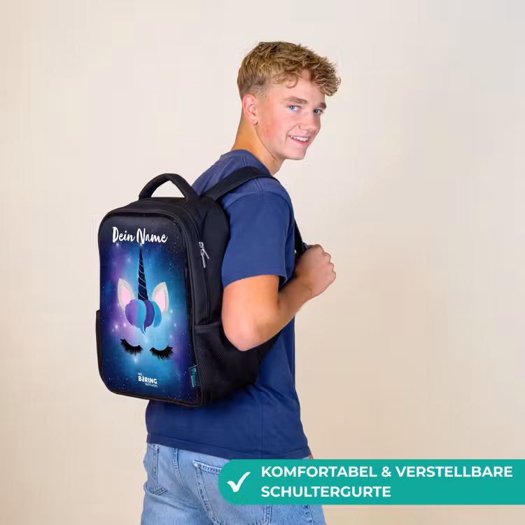Kinderrucksack mit Namen - Schwarz - Einhorn - Sterne - Blau — 9