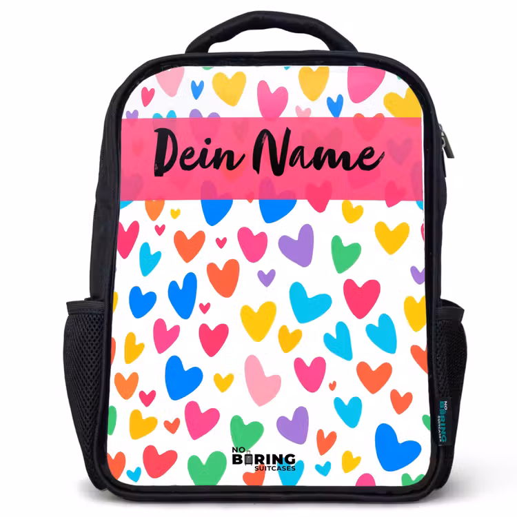 Kinderrucksack mit Namen - Schwarz - Herzen - Bunt - Muster — 1