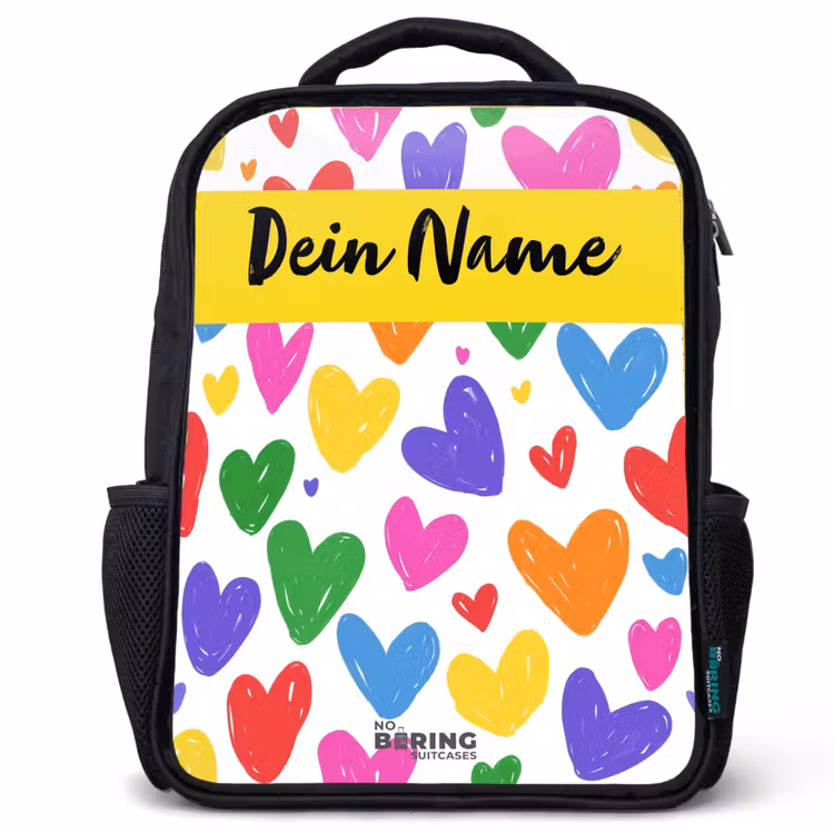 Kinderrucksack mit Namen - Schwarz - Herzen - Muster - Farbenfroh — 1